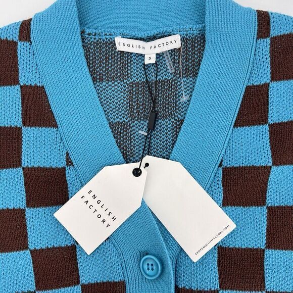 English Factory Brown Blue Checkerboard Checkered Cardigan Sweater Sz S Preppy - Picture 7 of 14
